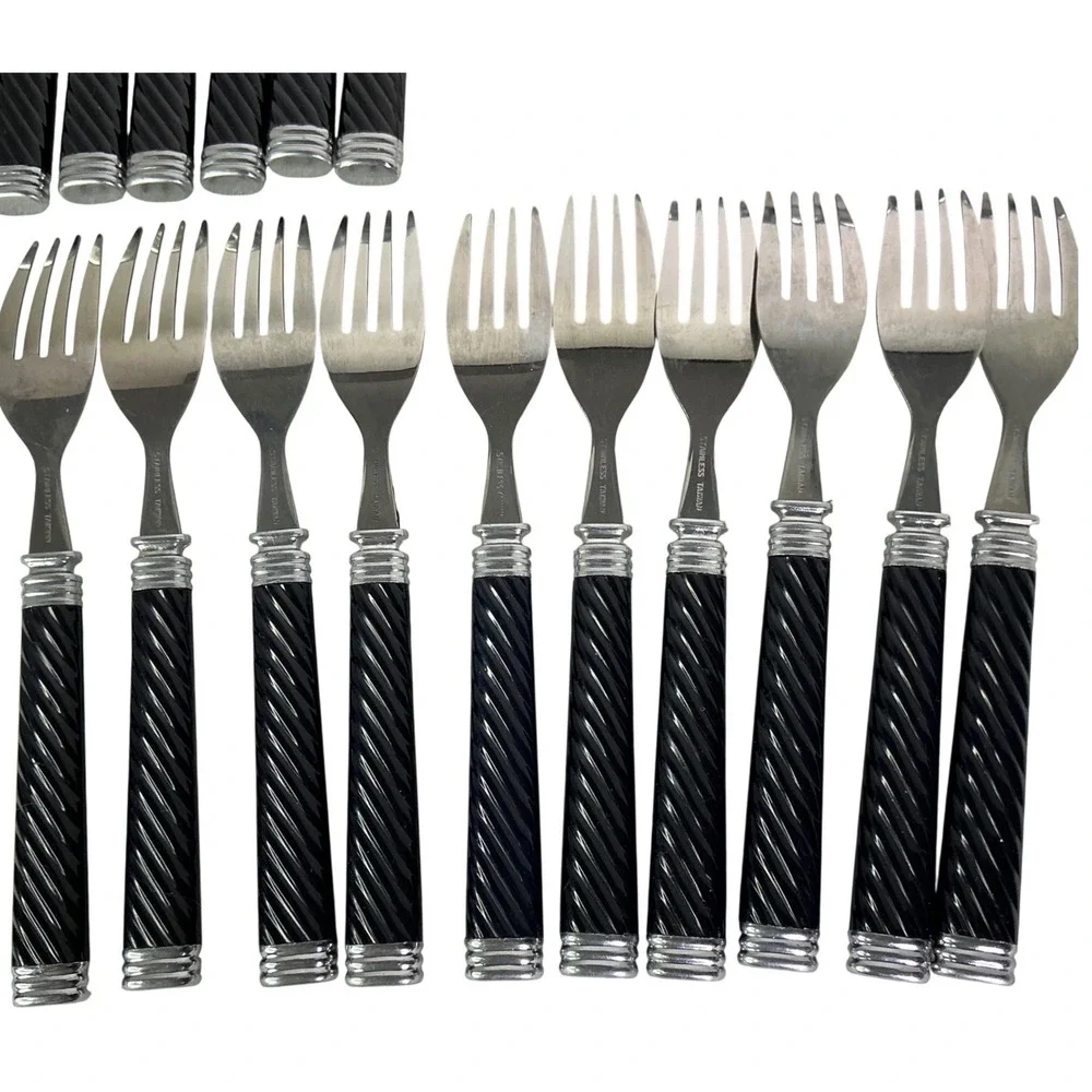 Vtg Stainless Taiwan Black Spiral Handle Flatware Set 30 Knives Forks Spoon MCMs
